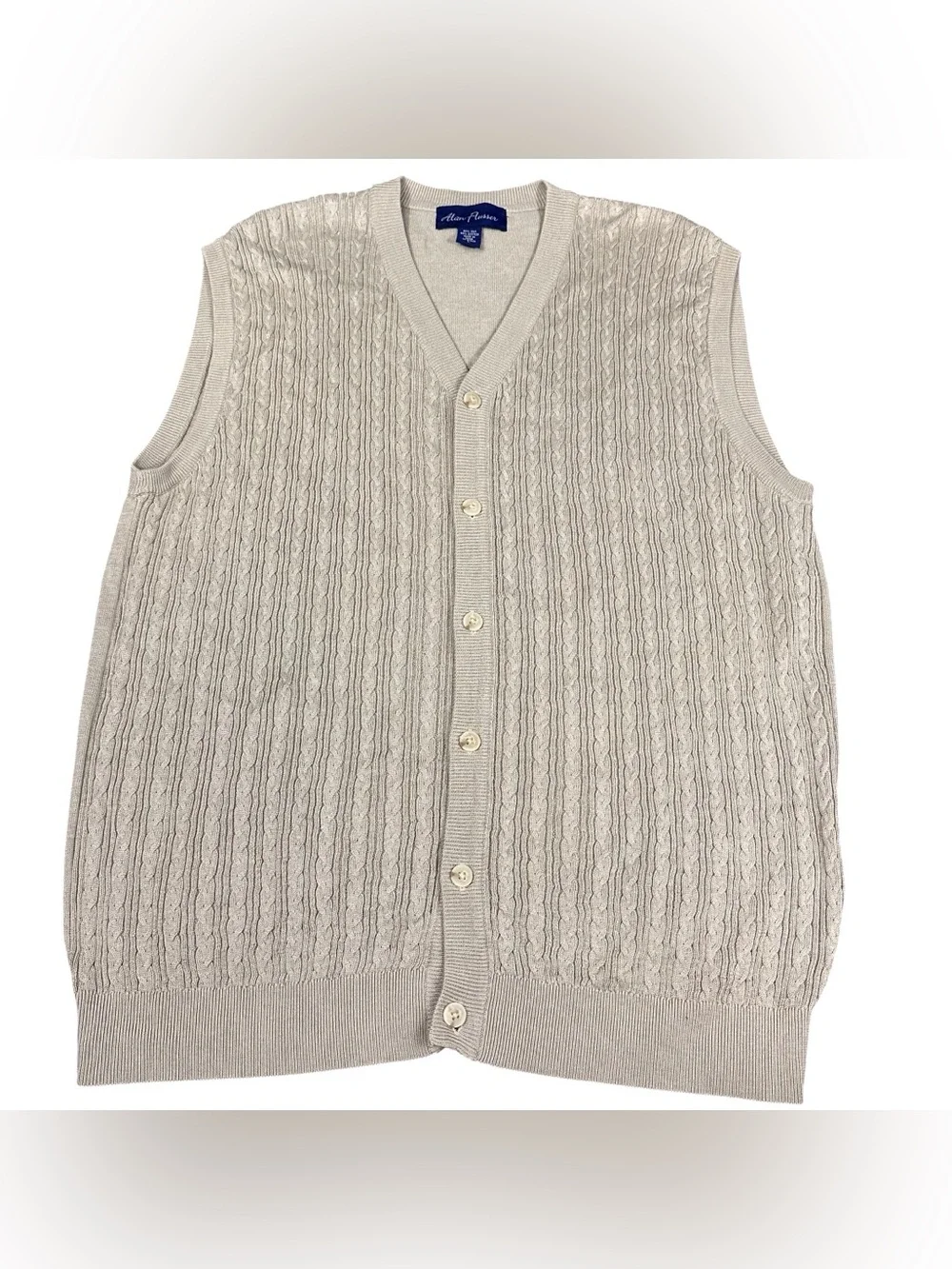 Alan Flusser Men’s Large Silk Cotton Cable Knit Button Front Sweater Vest Beige